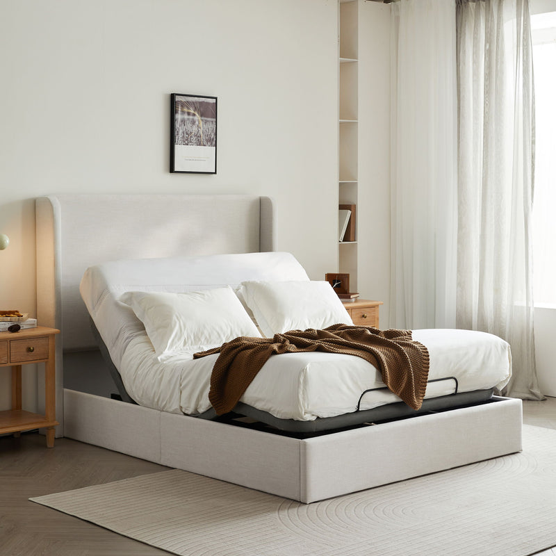 Caron - Queen Size Upholstered Wingback Bed With Adjustable Base Bundle Set - Ivory - R&R Furniture Gallery (Fountain Valley, CA)