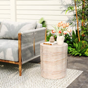 Noble House beige concrete side table with travertine top, suitable for indoor or outdoor use, lightweight and elegant design.