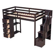 DreamHaus loft bed with built-in storage drawers, stairs with shelves, and a sturdy wooden frame for space-saving bedroom decor.