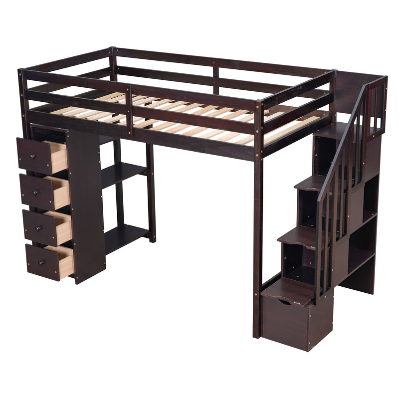 DreamHaus loft bed with built-in storage drawers, stairs with shelves, and a sturdy wooden frame for space-saving bedroom decor.