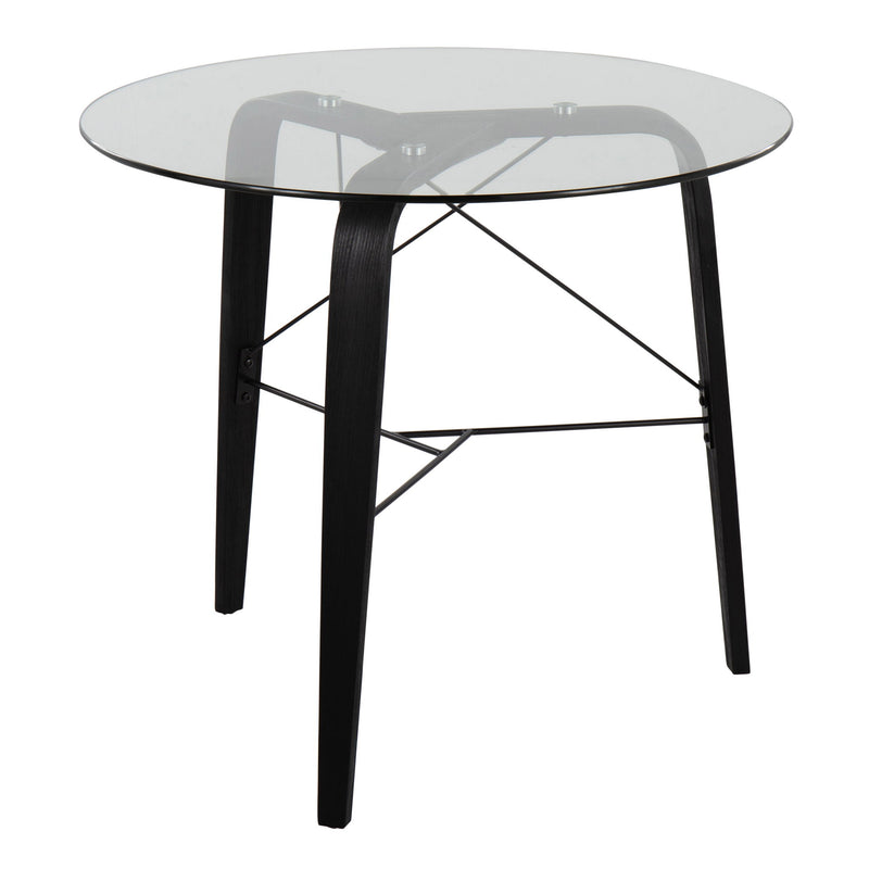 Lumi Source Trilogy contemporary round dining table with sleek tabletop and modern design, perfect for stylish eating spaces.