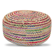 Large multicolor round accent pouf from Simpli-Home, featuring a soft, plush fabric and vibrant multicolor design.