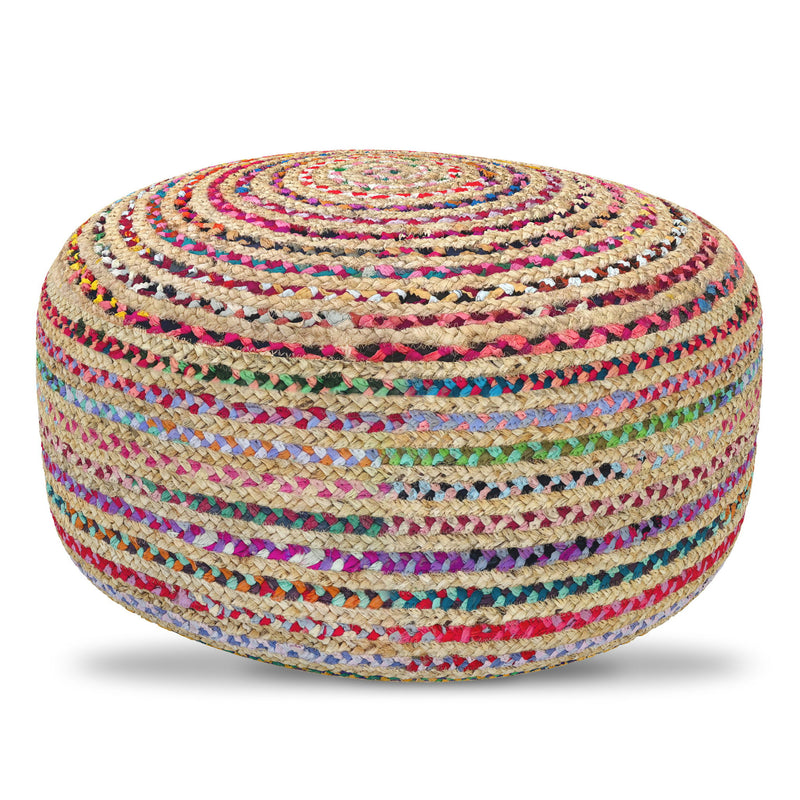 Large multicolor round accent pouf from Simpli-Home, featuring a soft, plush fabric and vibrant multicolor design.