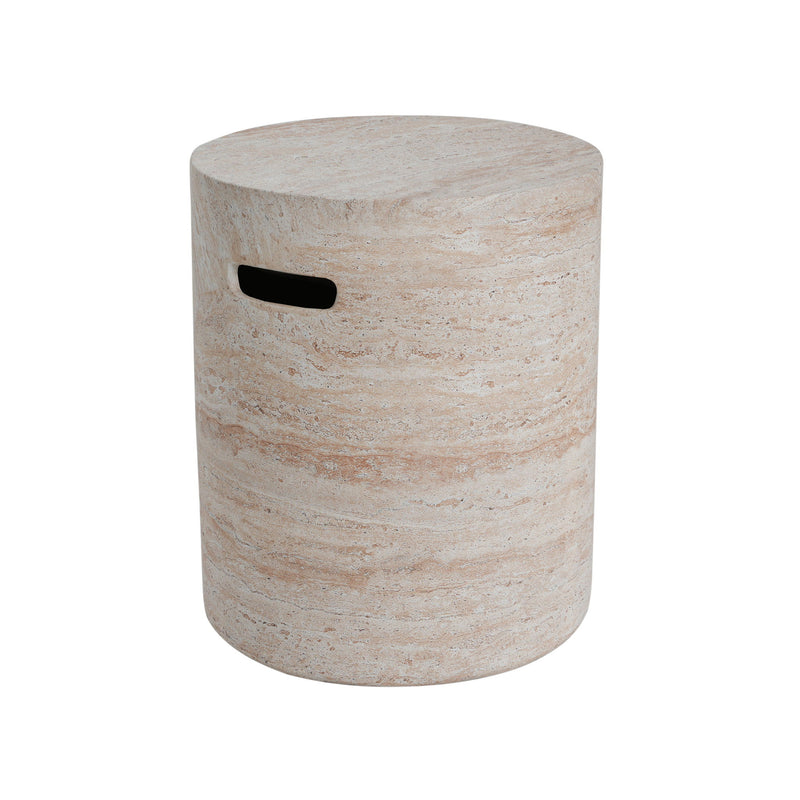 Modern Concrete Side Table With Travertine, Indoor / Outdoor Use - Beige - R&R Furniture Gallery (Fountain Valley, CA)