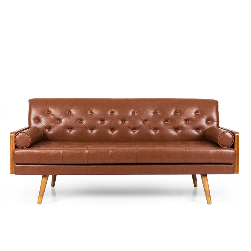 Adelaide - Mid Century Modern Tufted Sofa With Rolled Accent Pillows - Light Brown - R&R Furniture Gallery (Fountain Valley, CA)