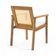 Noble House Preston outdoor dining chair set with teak frames and beige cushions, perfect for patio or garden seating.