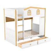 White twin over twin bunk bed by Dreamland with house-shaped guardrails, built-in storage shelves, and drawers in a natural finish.