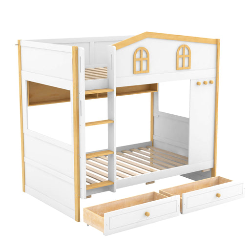 White twin over twin bunk bed by Dreamland with house-shaped guardrails, built-in storage shelves, and drawers in a natural finish.