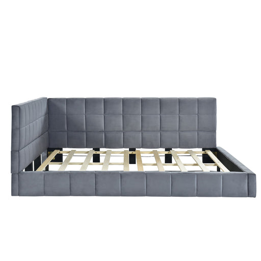 Gray DreamHaus full size upholstered mid-century modern daybed with elegant design and wooden legs, perfect as a sofa bed or lounge.