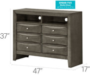 Glory Furniture Marilla media chest with wood finish, featuring drawers and open storage compartments for entertainment accessories.