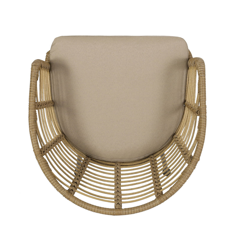 Noble House Randy modern wicker arm chair with water-resistant beige cushions, brown wicker frame, stylish outdoor seating.