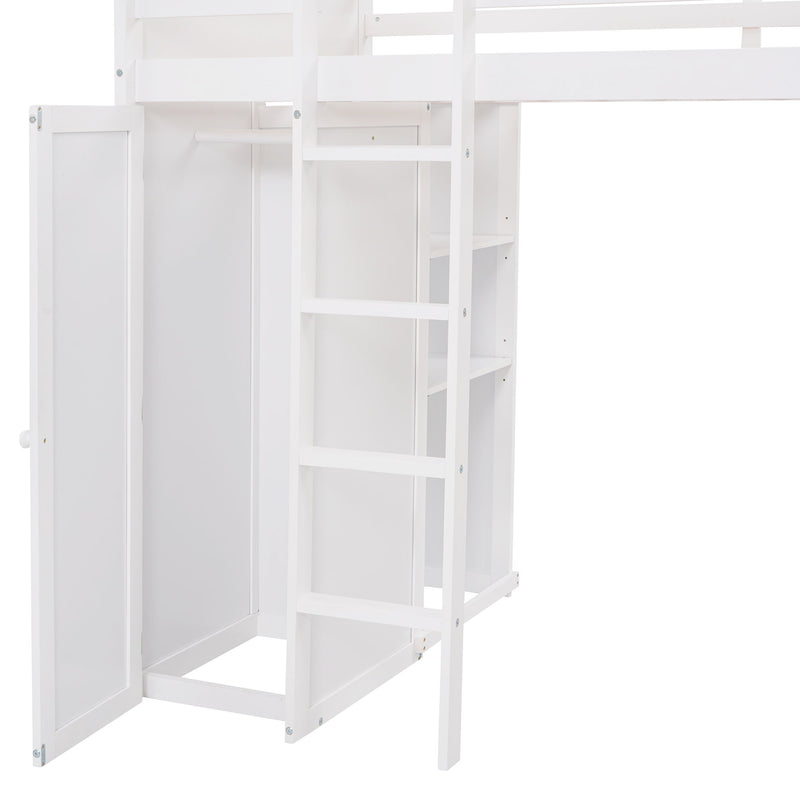 DreamHaus loft bed with standalone bed, shelves, desk, and wardrobe, showcasing a compact multi-functional bedroom furniture setup.