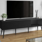 Black 8th Street TV stand and media entertainment center with storage shelves and cabinet for bedroom or living room decor.