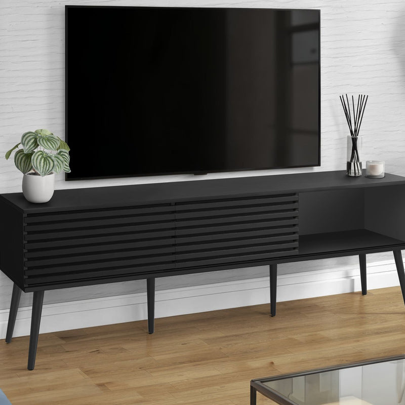 Black 8th Street TV stand and media entertainment center with storage shelves and cabinet for bedroom or living room decor.