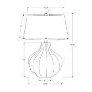 Blue ceramic transitional table lamp with a sleek design, featuring a round base and a fabric lampshade.
