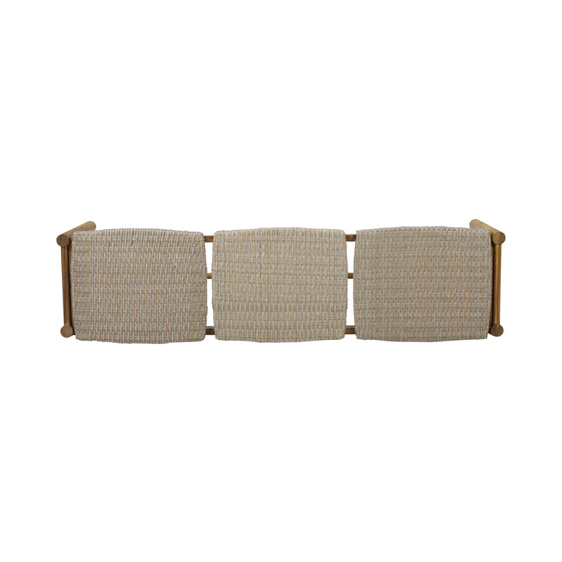 Noble House Cambria 3-seater teak bench with sleek wooden design and sturdy legs, ideal for outdoor or indoor seating.