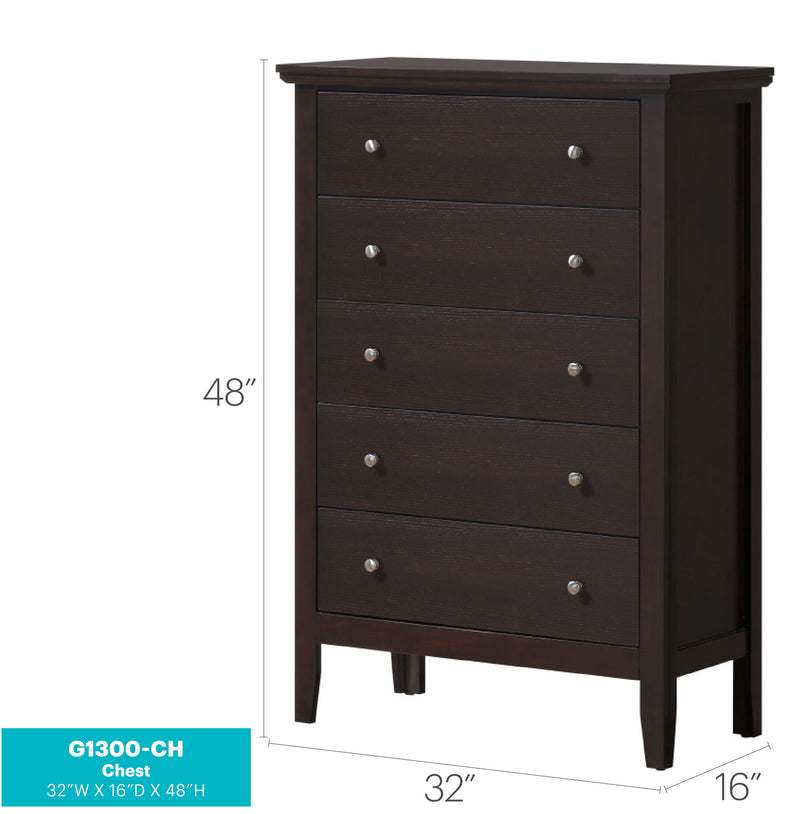 Glory Furniture Primo accent chest with wood finish and decorative hardware, featuring multiple drawers for stylish storage.