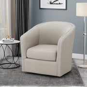 Noble House modern upholstered swivel club chair with nailhead trim, featuring plush fabric and a rounded design for stylish comfort.