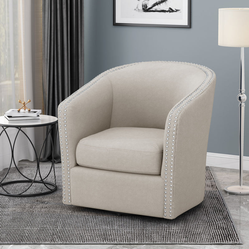 Noble House modern upholstered swivel club chair with nailhead trim, featuring plush fabric and a rounded design for stylish comfort.