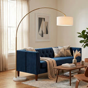 Ashcroft Furniture ambient arch floor lamp with large linen shade, 84-inch gold brass arc lamp for living room lighting.
