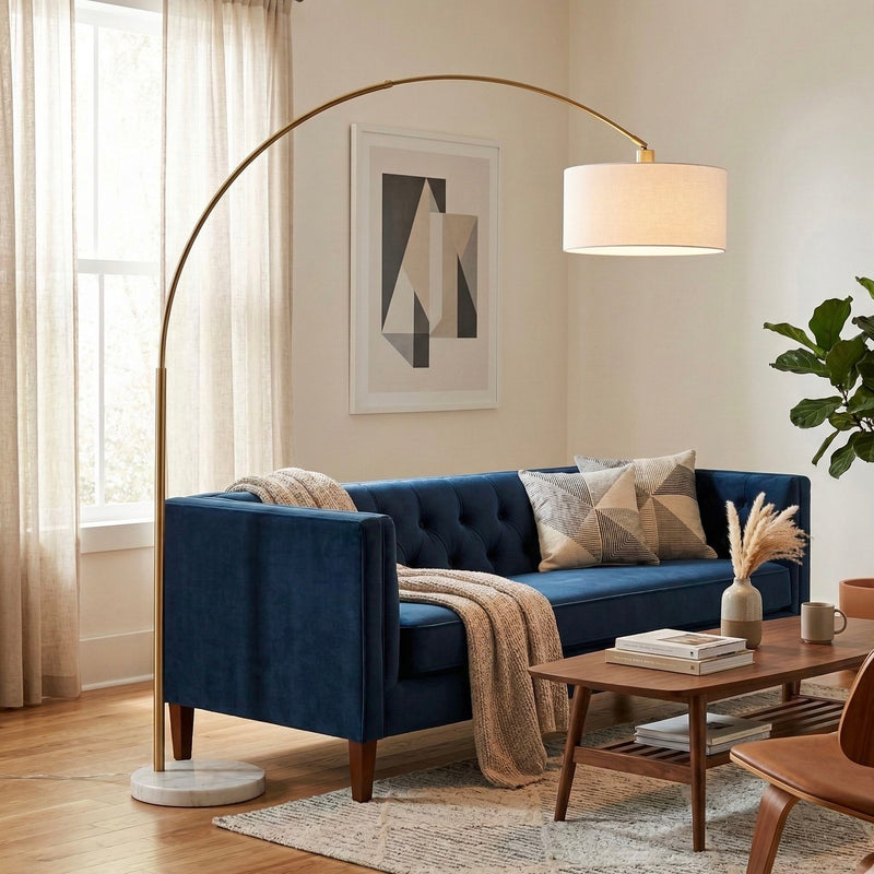 Ashcroft Furniture ambient arch floor lamp with large linen shade, 84-inch gold brass arc lamp for living room lighting.