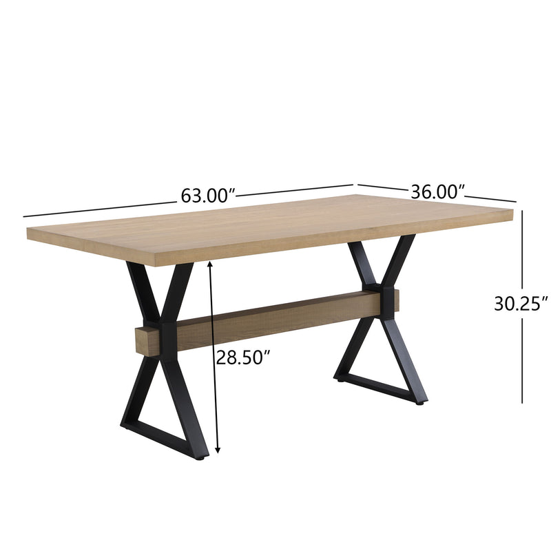 Noble House Elevate farmhouse dining table with light ash finish and X-shaped legs, sturdy wood construction for rustic dining spaces.
