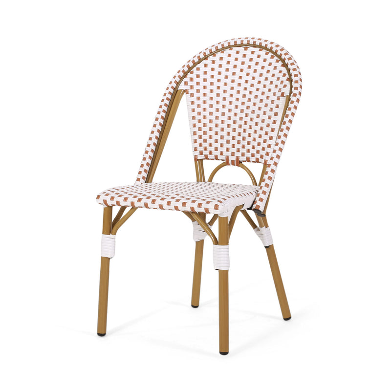 Set of two outdoor rattan and aluminum French bistro chairs by Noble House, featuring woven rattan seats and sleek metal frames.