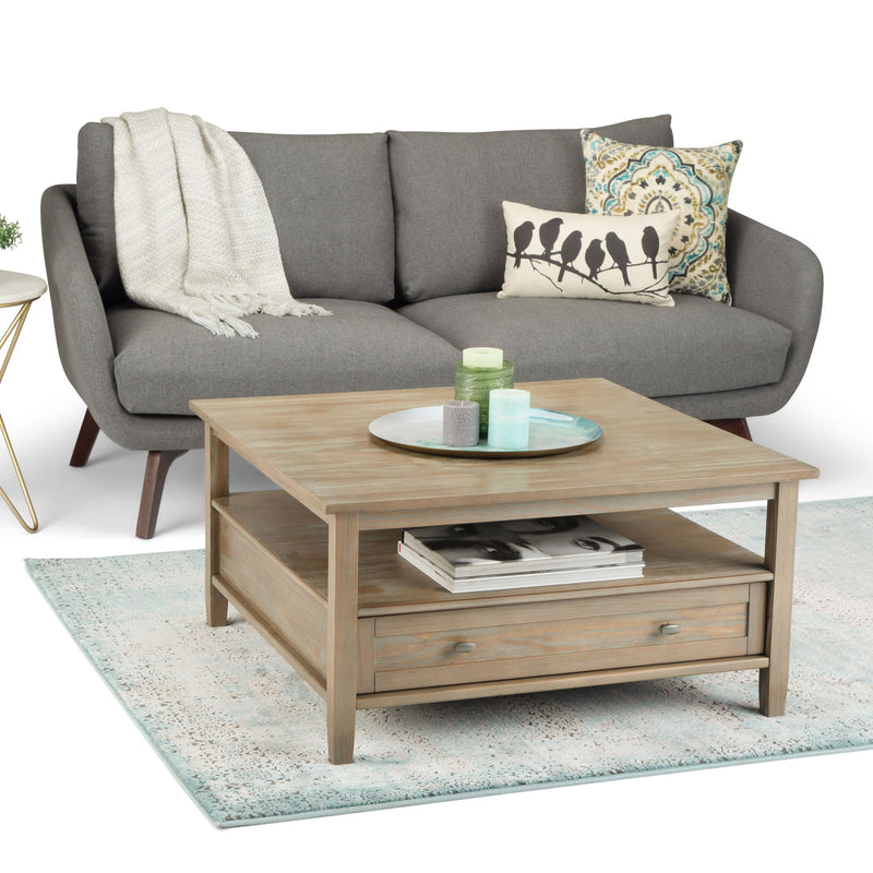 Handcrafted Warm Shaker coffee table by Simpli-Home, featuring a natural wood finish and sturdy rectangular design for living room decor.