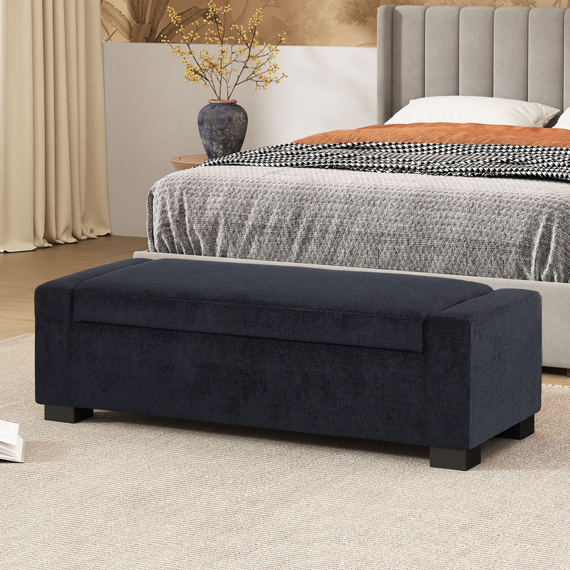 Noble House textured fabric ottoman bench with hinged lid, cushioned top and wooden legs, ideal for living room or entryway.