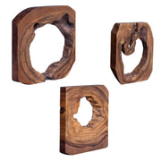 Set of six dark brown wood wall art pieces by Uttermost, modern wall decor with textured geometric designs.