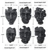 Set of six Uttermost self-portrait mask wall decor pieces featuring artistic, abstract face designs on display.