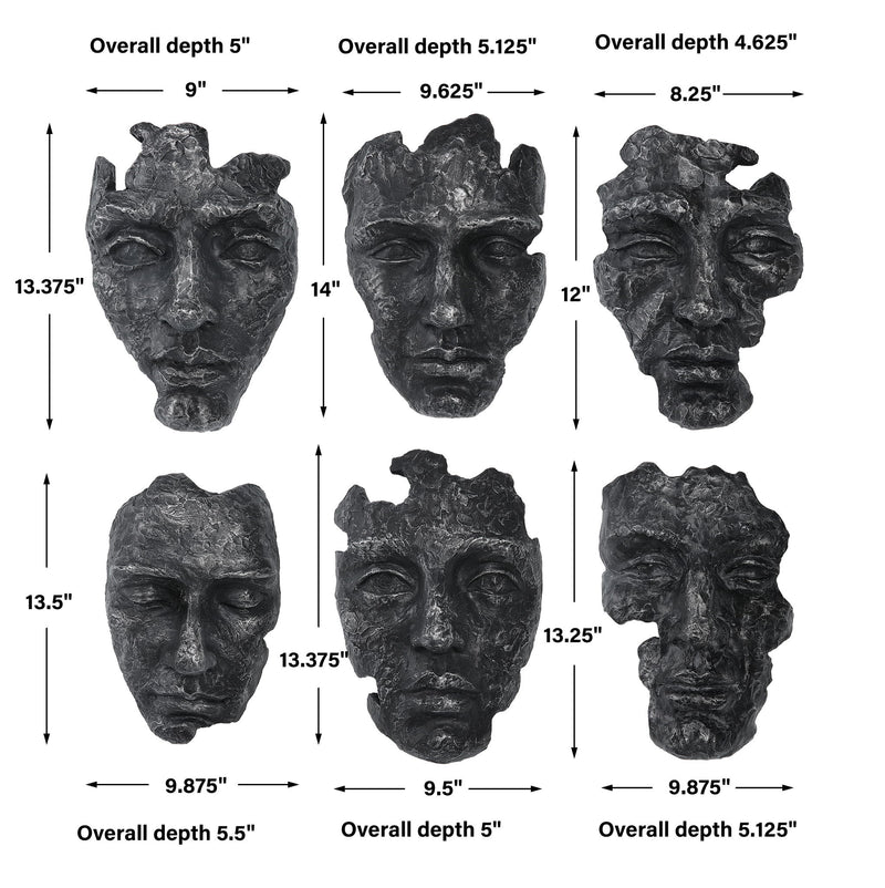 Set of six Uttermost self-portrait mask wall decor pieces featuring artistic, abstract face designs on display.