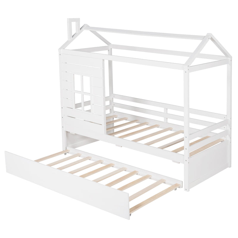 Twin Size Classic House Bed With Twin Size Trundle - White - R&R Furniture Gallery (Fountain Valley, CA)
