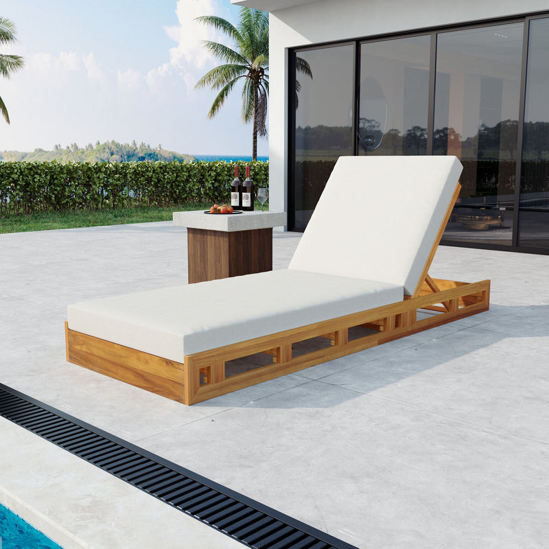 Premium Acacia Wood Lounge Chaise Set With Water Resistant Cushions, Adjustable Recline - Cream / Teak - R&R Furniture Gallery (Fountain Valley, CA)