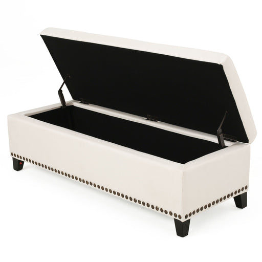 Beige upholstered storage ottoman with nailhead trim by Noble House, showcasing its plush fabric and sturdy construction.