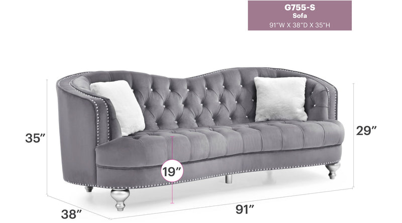 Glory Furniture Jewel stationary sofa with plush cushions and modern design, ideal for stylish living room seating.