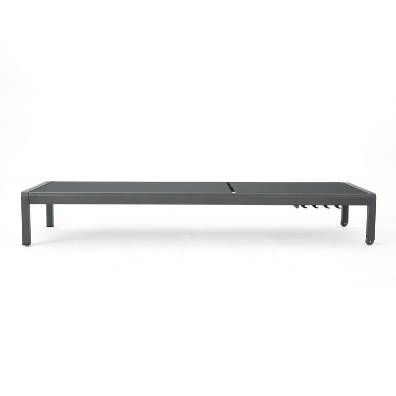 Noble House outdoor patio chaise lounge with five adjustable reclining positions, featuring cushioned seating and a sturdy frame.