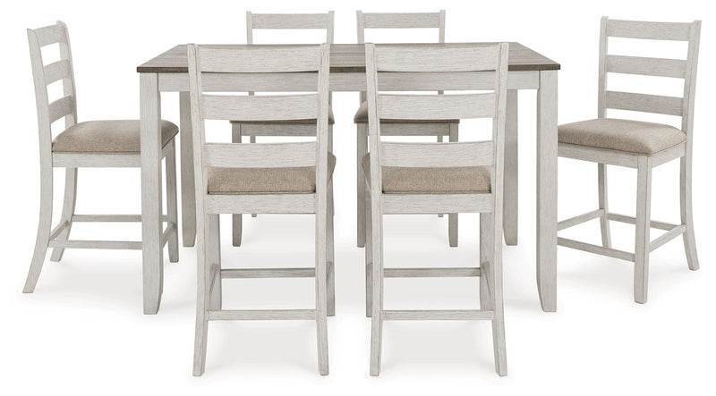 Skempton - Counter Height Dining Table and Bar Stools (Set of 7) - White / Light Brown - R&R Furniture Gallery (Fountain Valley, CA)