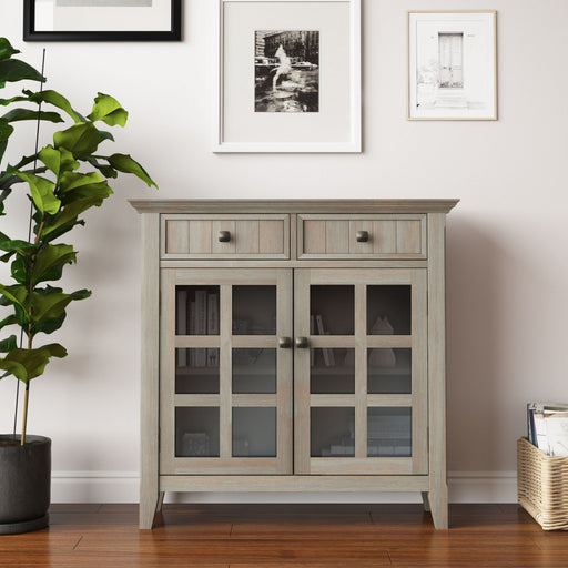 Simpli-Home Acadian handcrafted entryway storage cabinet with doors and drawers, wooden accent cabinet for home organization.