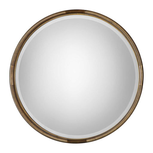 Uttermost Finnick iron coil round wall mirror with a gold finish, showcasing a stylish circular design and metallic frame.