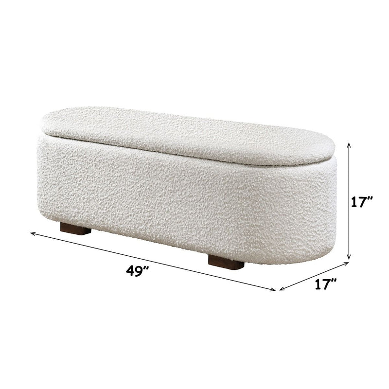 ACME Sandro storage bench in beige boucle fabric with walnut wood legs, featuring a spacious top and built-in storage compartment.