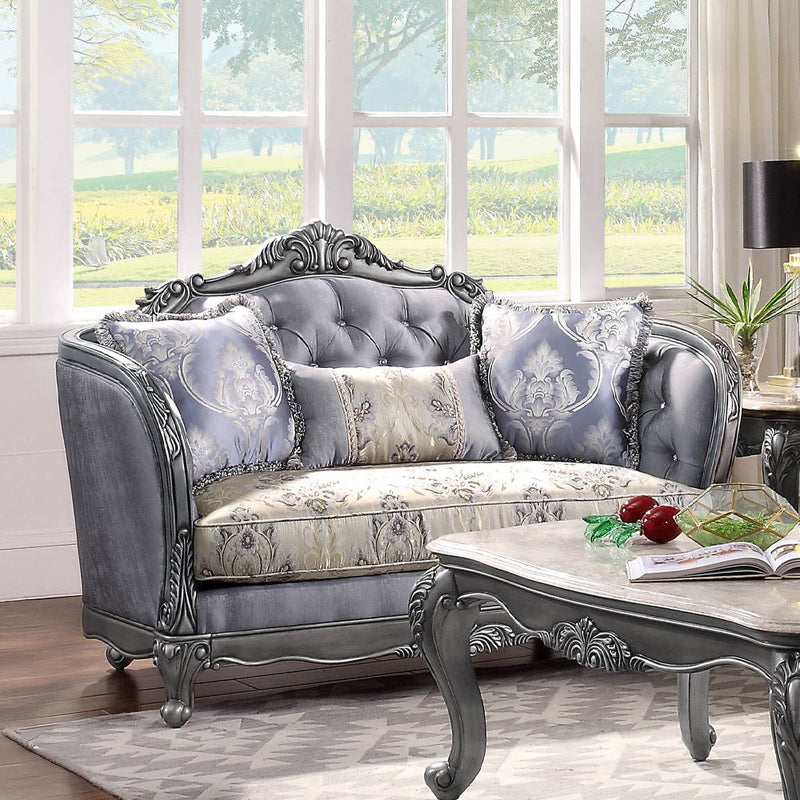 Ariadne - Loveseat With 3 Pillows - Fabric & Platinum - R&R Furniture Gallery (Fountain Valley, CA)