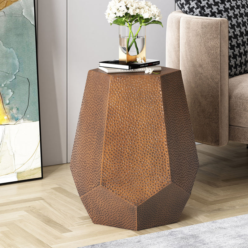 Modern hammered iron geometric end table by Noble House with a stylish metal frame and a round tabletop.