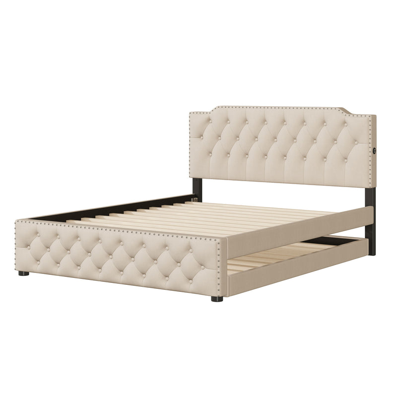 Upholstered Platform Bed With Trundle And 2 Sets Of USB Ports On Each Side, Fabric - R&R Furniture Gallery (Fountain Valley, CA)