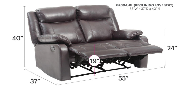 Glory Furniture Ward reclining loveseat for two with plush cushions and modern design, perfect for comfortable seating.