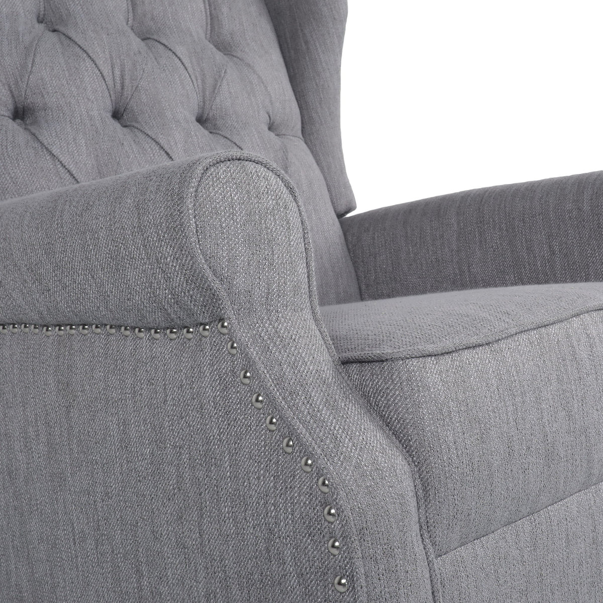 Gray Sheila contemporary fabric tufted wingback rocking chair by Noble House with cushioned armrests and wooden legs.