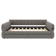 Dreamland upholstered platform bed with USB charging ports and two storage drawers, featuring a modern, padded headboard.