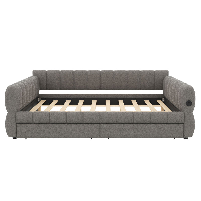 Dreamland upholstered platform bed with USB charging ports and two storage drawers, featuring a modern, padded headboard.