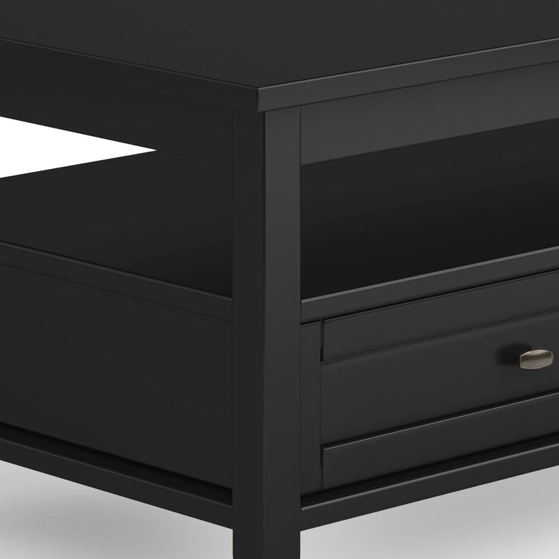 Handcrafted Warm Shaker coffee table by Simpli-Home featuring a natural wooden finish and sturdy rectangular design.