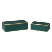 Set of two Uttermost Karis emerald green baskets, decorative storage boxes with woven texture and elegant design.